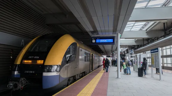 View of the Krakow airport train station, servicing arriving passengers with direct connections to the Kraków main station.