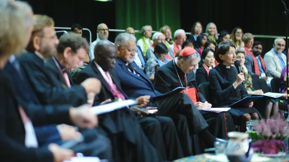 LWF General Secretary Rev. Dr Anne Burghardt, speaks on an ecumenical panel with representatives from the Roman Catholic Church alongside a variety of different Christian traditions on the last day of the LWF Thirteenth Assembly. Photo: LWF/Marie Renaux