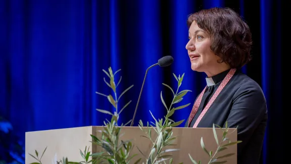 LWF General Secretary Rev. Dr Anne Burghardt presents her report to the Thirteenth Assembly of the LWF in Krakow, Poland. LWF/Albin Hillert